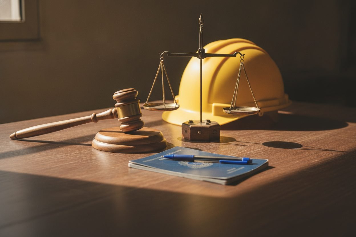 Martelo, balança da justiça e capacete de obra sobre a mesa, tema de Direito Trabalhista e verbas rescisórias